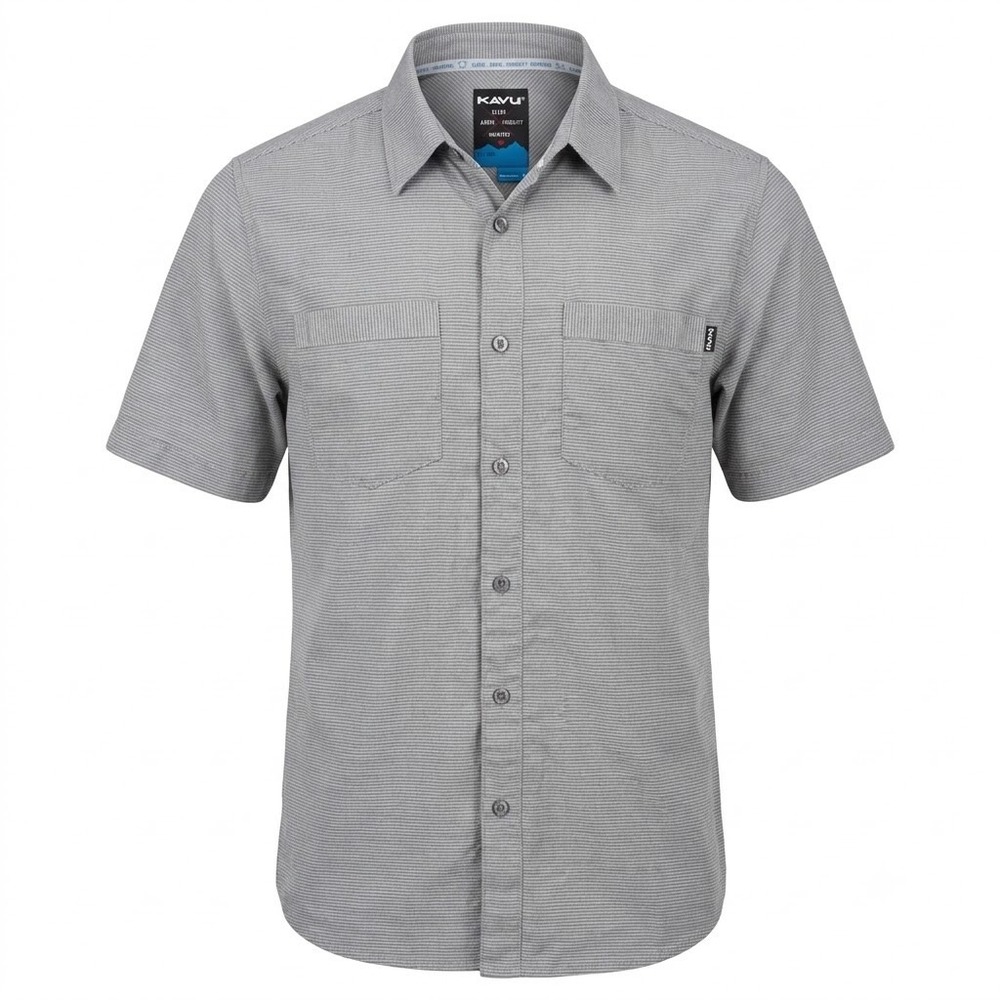KAVU Men's Striped Short Sleeve Button-Up‎ Shirt Gray Size M Casual